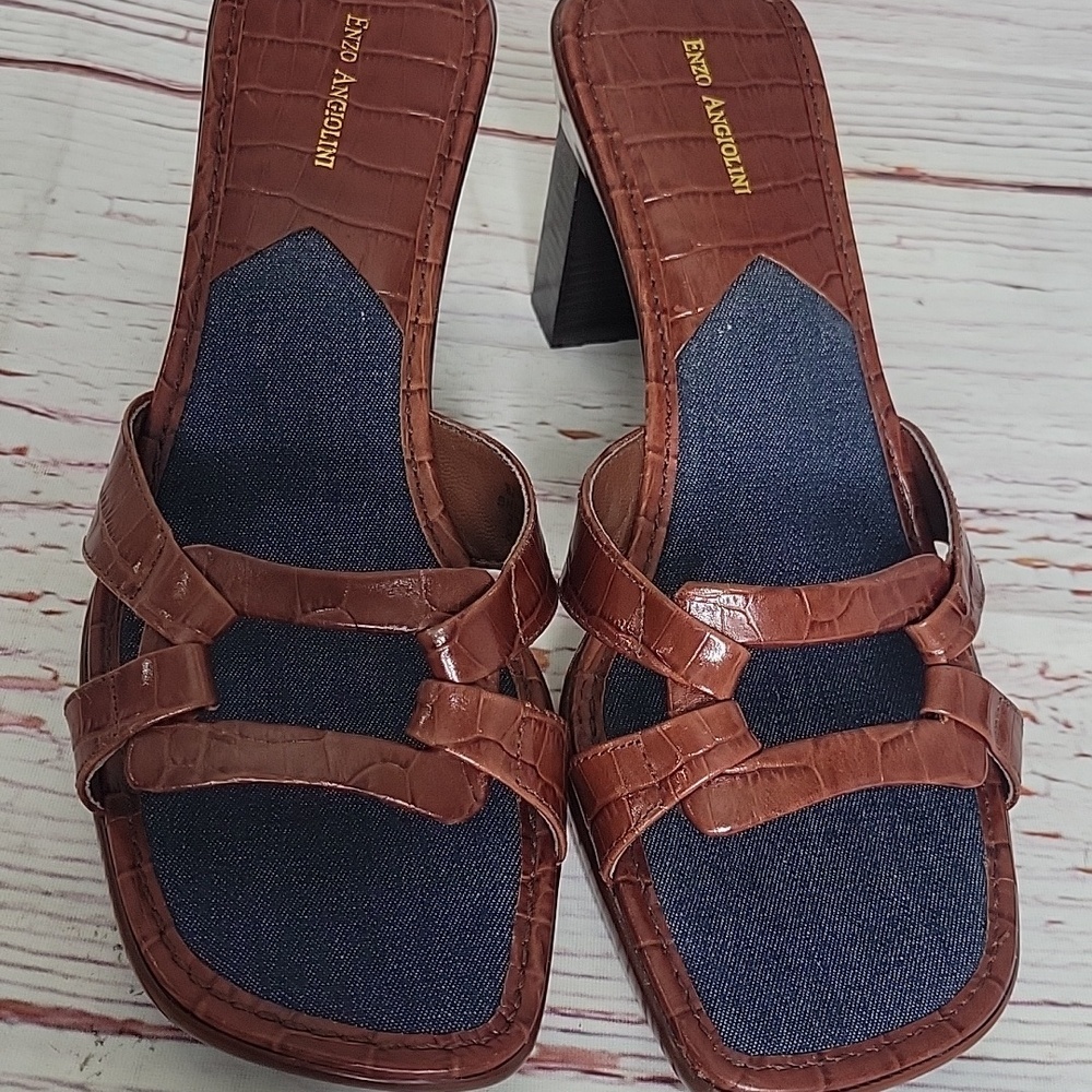 Enzo Angiolini Women’s Brown Leather Croc-Effect Heeled Sandals Size 8 - Picture 6 of 11